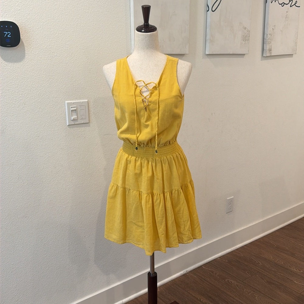 Yellow Lace-Up Tiered Sleeveless Dress